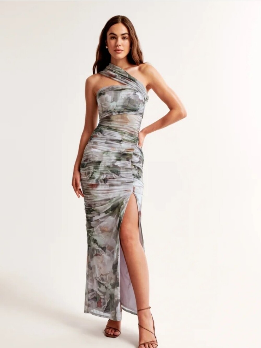 Abercrombie And Fitch FLORAL Mesh Asymmetrical Off-The-Shoulder Draped Maxi Smal